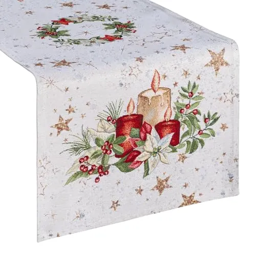 Eurofirany Weihnachten Tischtuch Tischläufer 45x140 cm Gobelin Kerzen Sterne Muster Tischwäsche Tafeldecke Tisch Dekoration Esszimmer Deko Wohnzimmer