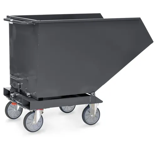 Fetra Rollkipper 600 Liter 750 kg - Grey Edition - Transportroller mit kippbarer Mulde aus 2 mm Stahlblech, ideal für den sicheren Transport von Schüttgut. Ausgestattet mit TOTALSTOP und sicherem Handling durch Kippsicherung.