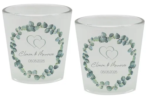 ZauberDeko Windlicht Windlicht Banderole Hochzeit Eukalyptus Herz PERSONALISIERT 7,5cm H