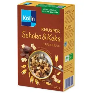 GOURVITA DE Kölln Müsli Knusper Schoko & Keks 8x440g - Müsli mit knusprigen Haferflocken, Butterkeksen und Vollmilchschokolade – ideal für genussvolle Frühstücksmomente.