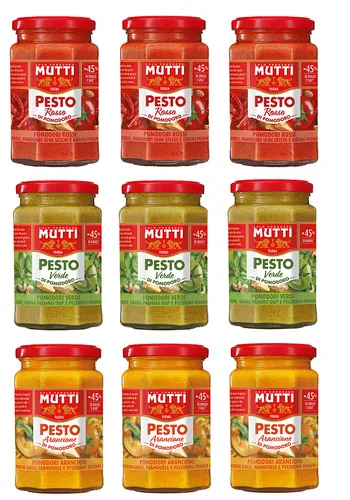 TESTPAKET Mutti Pesto Arancione Rosso Verde – 9 x 180g - Vielfältiges Pesto-Set aus Italien, ideal für Pasta-Liebhaber. Entdecken Sie die köstlichen Geschmacksrichtungen von Tomatenpesto!