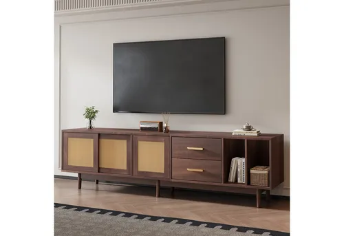 Merax Lowboard Rattan Fernsehtisch (1 St), TV-Schrank mit Rattan-Schiebetüren,Schubladen & 6 Holzbeinen,B:190cm