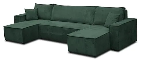 Venasi Möbel Wohnlandschaft HUGO, Grün, U-Form - Elegantes U-Form Ecksofa aus hochwertigem Cordstoff mit Schlaffunktion und integriertem Stauraum - ideal für moderne Wohnzimmer und kleine Räume.