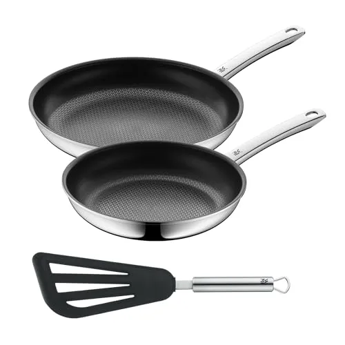 WMF Profi Resist Bratpfannen Set 3-teilig Induktion 24 cm & 28 cm - Das Set umfasst zwei Bratpfannen (24 cm & 28 cm) und einen Silikon-Pfannenwender. Die kratzfeste Wabenstruktur sorgt für optimales Braten. Ideal für alle Herdarten, hitzebeständig bis 260°C und spülmaschinengeeignet.