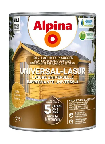 Alpina Lasur Universal-Lasur 2,5 Liter seidenmatt - Holzlasuren - Hochwertige Dünnschichtlasur mit Näseschutz-Technologie für bis zu 5 Jahre Schutz und seidenmatte Oberfläche, ideal für alle Holzobjekte.