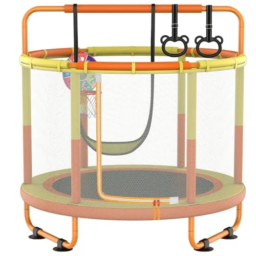 CZCPARY Kindertrampolin, Trampolin für Kinder,Indoor Trampoline Kinder,mit Basketballkorb, Schaukel, Zugring, geeignet für Innen- und Außenbereich(gelb-orange)