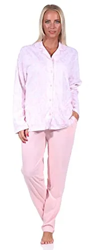 NORMANN-Wäschefabrik Edler Damen Pyjama Langarm Schlafanzug zum durchknöpfen in Single Jersey Qualität, Farbe:rosa, Größe:44-46