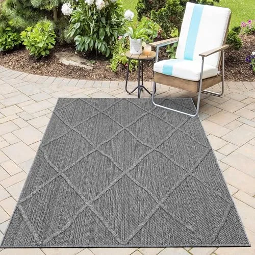 HomebyHome In& Outdoor Teppich Wetterfest, Grau 80x150 cm Teppich Küche, Waschbarer Küchenläufer Flachgewebe Sisaloptik Skandinavisch Design Camping Terasse Balkon Outdoorteppich Garten
