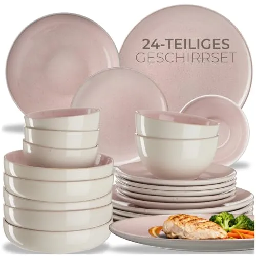 tectake® 24-teiliges Tafelservice 6 Personen, Steingut Geschirrset 6 Personen, handgefertigtes Teller Set mit Schüsseln, Geschirr Set spülmaschinen- und mikrowellengeeignet - Coral Blush