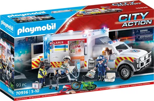 PLAYMOBIL City Action 70936 Rettungs-Fahrzeug - US Ambulance mit abnehmbarem Dach, beleuchtetem Monitor und viel Zubehör für spannende Notarzt-Einsätze