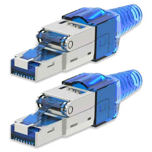 Netzwerkstecker CAT 7 Werkzeuglos 2x RJ45 Netzwerk Stecker geschirmt Metall Blau