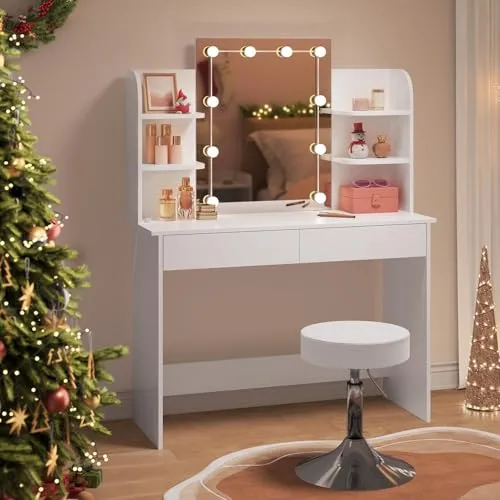 WOLTU Schminktisch mit LED-Beleuchtung und Hocker - Schminktisch mit stilvoller LED-Beleuchtung, ideal für dein Schlafzimmer. Mit 2 Schubladen für praktischen Stauraum und elegantem Design.