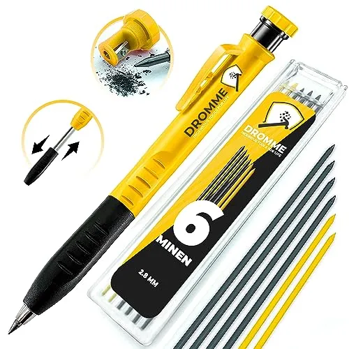 Dromme Baustellbleistift Tischler Profi [+ 7 Minen Multihalter + Spitzer + ergonomischer Griff] Ausziehbarer Minenbleistift – perfektes Werkzeug für Basteln