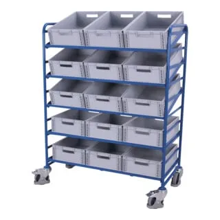 VARIOfit Eurokastenwagen sw-610.302 - Transportgeräte & Rampen mit 15 Eurokästen und 5 Etagen, ideal für effiziente Lagerung und Transport mit einer Gesamttragkraft von 250 kg.