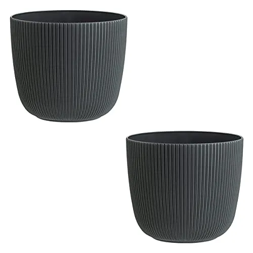 Engelland - 2 x Blumentopf mit Drainagesystem, Anthrazit-Grau, Rillenoptik, Pflanz-Topf, Kübel, modern, widerstandsfähig, rund, wetterfest, Kunststoff, Ø 25 cm, 8 Liter