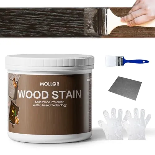 MOLLOR Holzbeize & Holzfarbe Wasserbasis 500g, 2-in-1 Färbung&Versiegelung, ohne Grundierung/Decklack, schnelltrocknend geruchsarm ungiftig Innen-/Außenmöbel (Schwarze Walnuss mit Werkzeugen)