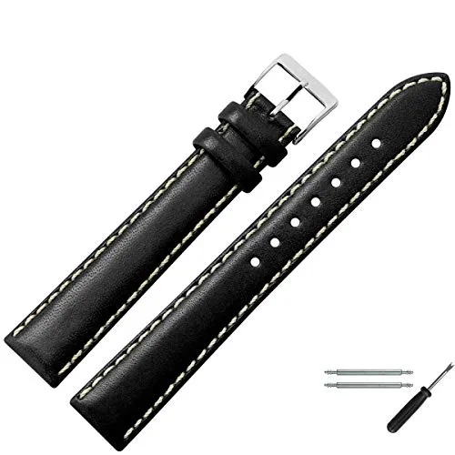 MARBURGER Uhrenarmband 18mm Leder Schwarz Silber XL Glatt Mit Naht - Montage Set 8021810000120