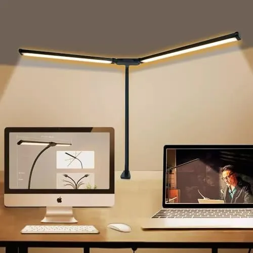 FOFOPE Doppelkopf Schreibtischlampe LED dimmbar, 1200 Lumen Klemmbar Desk Lamp für Büro, Augenschutz Monitor Lampe Tageslichtlampe, PC Lampe Tischlampe mit Schwanenhals(Schwarz,Klemmbar)
