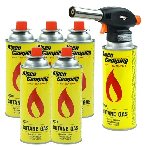 REXXER Gasbrenner Set 1100 W – mit 6 Gaskartuschen je 227 g / 400 ml, Piezozündung, Flammenregulierung, bis 1300 °C