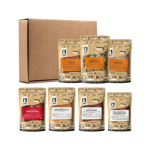 Bremer Gewürzhandel Genuss-Box Scharfe Momente - 7-tlg. Gewürzset mit Chili - Entdecken Sie die Genuss-Box Scharfe Momente mit 7 erlesenen Chili-Gewürzen. Perfekt für Liebhaber scharfer Küche und ideal als Geschenk. 100% natürliche Zutaten für unverfälschten Geschmack!