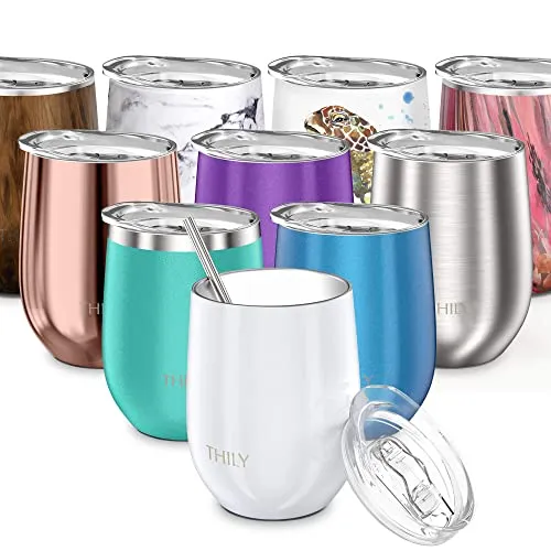 THILY Weinglas mit Deckel und Strohhalm, isoliert, 340 ml, dreifach wandig, isoliert, Edelstahl, hält kalt oder heiß für Wein, Kaffee, Cocktails und Getränke 12 oz perlweiß