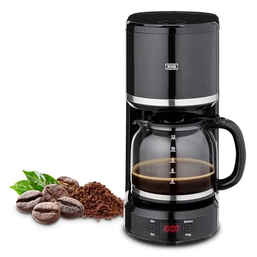 KHG Kaffeemaschine KA-187S in schwarz, Filtermaschine mit Permanentfilter, 12 Tassen, 1,5L, Timer, programmierbarer Startzeit, LED-Display, abnehmbarer Wassertank, Abschaltautomatik