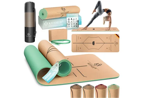 KESSER® Yogamatte Kork – Rutschfest & Extradick - Sportmatte aus Naturkautschuk TPE, nachhaltig, inkl. Tragegurt und Yoga-Block, ideal für komfortables Training und Yoga-Übungen.