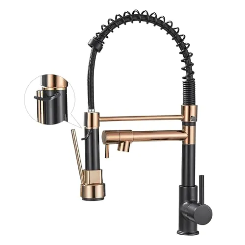 Küchenarmatur mit herausziehbarem Sprühkopf, hoher Bogen, Einhebelfeder, Küchenspüle, Schwarz, Roségold