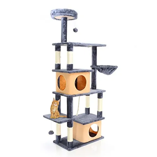 Fudajo Kratzbaum Dunkelgrau 161 cm - Ideal für Spiel und Entspannung - Kratzbäume - Mit 2 Katzenhäusern, Liegemulde und integrierten Spielbällen für abwechslungsreichen Spaß und Rückzugsmöglichkeiten.