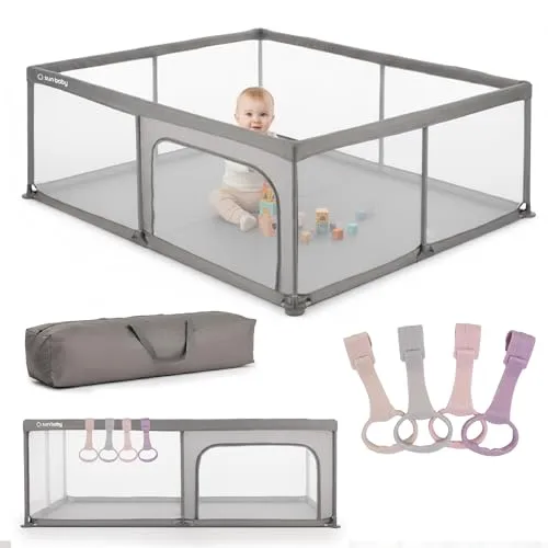 sun baby Laufstall mit rosa Griffen 150x200 cm 0-2 Jahre Grau, Polyester, Netzwände, Eingang mit Reißverschluss, rutschfeste Füße, Tragetasche im Set, Metallrahmen