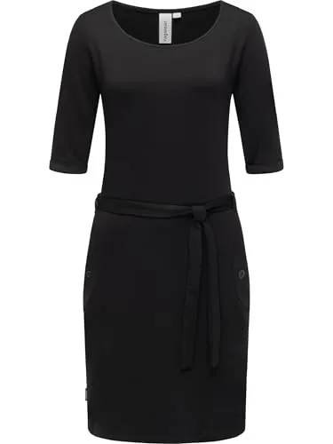 Ragwear Damen 3/4-Arm Kleid Midikleid Elegantes Blusenkleid mit Taillenband Kenisha Black Gr. M