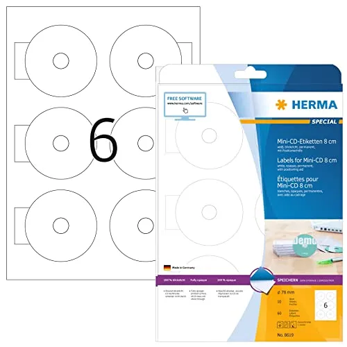 HERMA 8619 Mini CD Etiketten mit Zentrierhilfe, 320 Blatt - Hochwertige, selbstklebende Etiketten für alle Drucker, ideal zum Beschriften von CDs. Blickdicht und umweltfreundlich, perfekt für den professionellen Einsatz. Lieferumfang: 1920 Etiketten, Ø 7,8 cm.