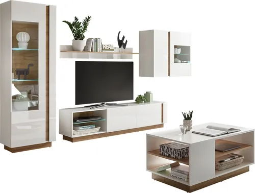 Moderne Wohnwand CELLE-61 mit Couchtisch und LED-Beleuchtung
