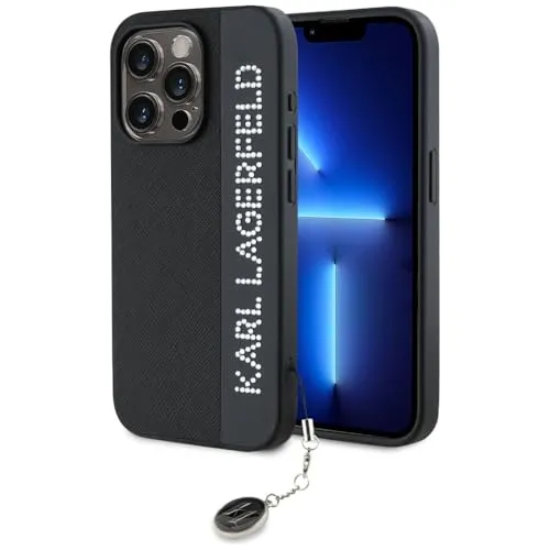 CG MOBILE Karl Lagerfeld Hülle für iPhone 15 Pro Max - Elegante Hartschalenhülle aus Saffiano mit funkelnden Rhinestones und Charm, perfekt für stilbewusste Nutzer.