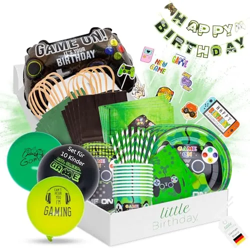 LITTLE BIRTHDAY | Games Partygeschirr Paket Set Kindergeburtstag | Party Deko| Geburtstag 10 Personen | Pappteller| Pappbecher| Servietten| Luftballons | Topper | Einladungskarten | Tütchen | alles