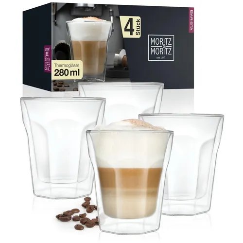 Moritz & Moritz Gläser-Set Moritz & Moritz Kelch Glas 4x280ml, 4-tlg., Borosilikatglas, Doppelwandige Gläser für Kaffee, Tee oder Dessert