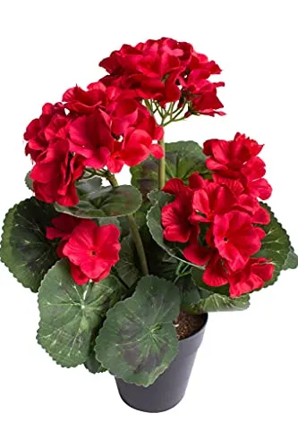 künstliche Geranie (Geranienbusch) mit 5 Blütenköpfen im schwarzen Kunststofftopf (rot)