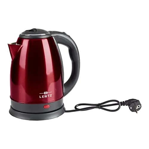 Lentz 1800 Watt Edelstahl Wasserkocher 1,8 L in Rot - Hochwertiger Wasserkocher aus Edelstahl mit 1,8 L Fassungsvermögen. 360° drehbare Basisstation und automatische Abschaltung für sicheres Kochen.