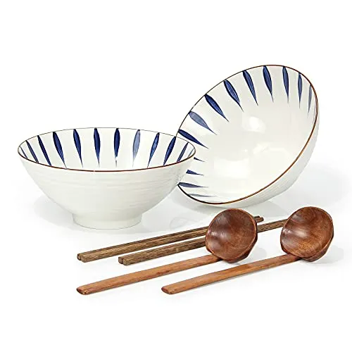 Noble Createaprototype Japanischer Ramen Schüssels, 1000ml Keramik Schüssel Essstäbchen & Löffeln Schüsselset 2 Set, for Suppe Pasta Dessert Reis Nudel Nudeln Obst-Salat Bowl (A)