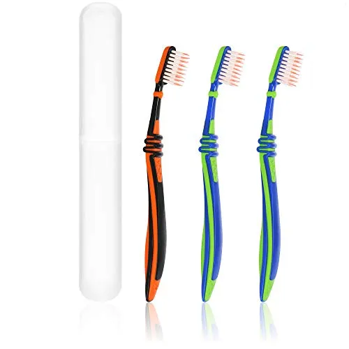 com-four® 4-teiliges Set Kinder Zahnbürsten mit Etui - Kinderzahnbürste weich mit Spezialborsten - Zahnbürste mit Kugelgelenk und Federung (grün-blau/orange-schwarz)