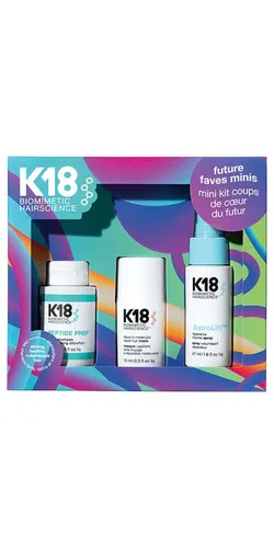K18 Future Faves Mini Holiday Kit - Entdecke das K18 Future Faves Mini Holiday Kit, das drei hochwertige Haarpflegeprodukte in praktischen Mini-Größen vereint. Ideal für die tägliche Pflege und zur Unterstützung der Haarstruktur – für geschmeidiges und starkes Haar.