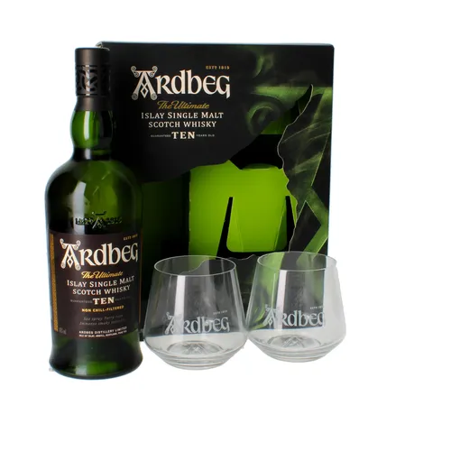 Ardbeg Ten - 10 Jahre Geschenkset mit Glas - Whisky Geschenkset mit 10-jährigem Islay Single Malt, bekannt für sein kräftiges, rauchiges Aroma und vollmundigen Geschmack. Ideal für Whisky-Liebhaber.