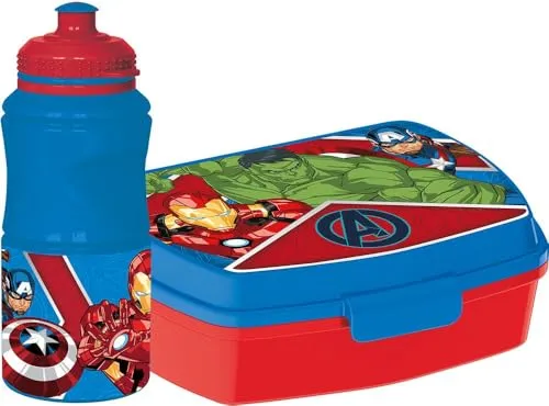Tataway Marvel Set 380-ml-Flasche und Sandwichbox blau für Kinder aus Avengers-Kunststoff mit rutschfestem Band und Sicherheitsverschluss