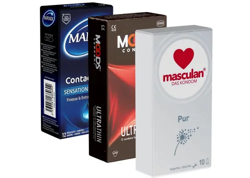 Kondomotheke Kondome Feel & Thin Mix 3 Packungen dünne Kondome, insgesamt, 34 St., extradünne Kondome für ein Gefühl wie ohne, Probierset, hauchdünne Wandstärke für maximale Gefühlsintensivität