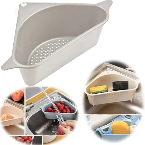 LS-LebenStil Spülbecken Organizer 28cm Beige Dreieck Abtropfsieb mit Saugnapf Schwammhalter Abflusskorb Dreicksieb Ecksieb Eckspüle Spülbecken Küchenspüle Waschbecken