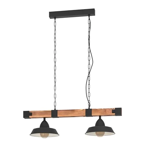 EGLO Pendellampe Oldbury - Vintage Hängelampe im Industrial Design - Stilvolle 2-flammige Pendelleuchte aus Holz und Stahl, perfekt für Wohnzimmer oder Esszimmer. Anpassbare Kettenhöhe bis 110 cm, E27 Fassung für individuelle Leuchtmittel.