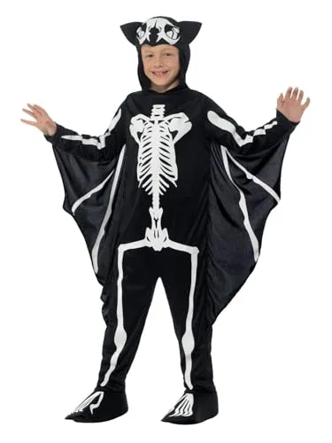 Smiffys Fledermaus-Skelett-Kostüm für Kinder - Kostüme für Kinder, inklusive Bodysuit mit Kapuze und Flügeln, ideal für Halloween und Karneval, leichtes Material für hohen Tragekomfort.