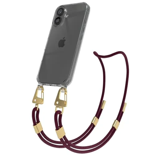EAZY CASE - Handykette mit Karabiner kompatibel mit iPhone 16 - Hülle Silikon Fallschutz transparente Handyhülle für Apple iPhone 16 Kette zum Umhängen Schutzhülle in Beere Transparent - Gold