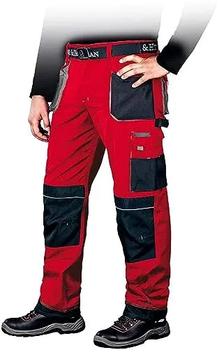 Leber & Hollman Herren Arbeitshose LH-FMN-T B, Rot-Schwarz-Grau, 48 - Robuste Arbeitskleidung aus 65% Polyester und 35% Baumwolle mit 9 Multifunktionstaschen und speziellen Taschen für Knieschoner für optimale Bewegungsfreiheit und Tragkomfort.