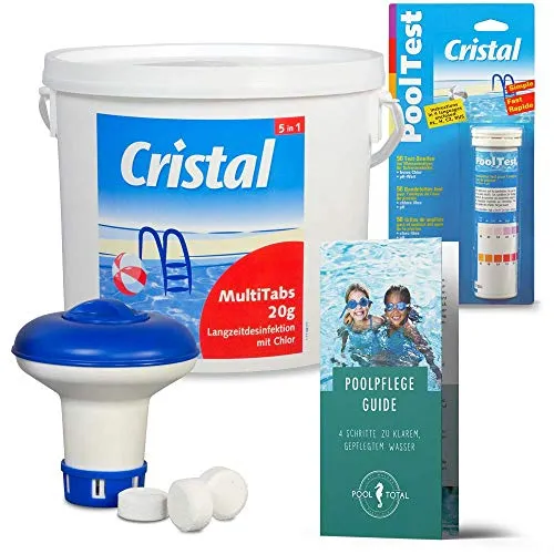 Cristal Multitabs Chlor Set - 5kg Eimer mit Dosierschwimmer & Teststreifen - 5-in-1 Wasserpflege für Pools - Langzeitdesinfektion & Algenverhütung